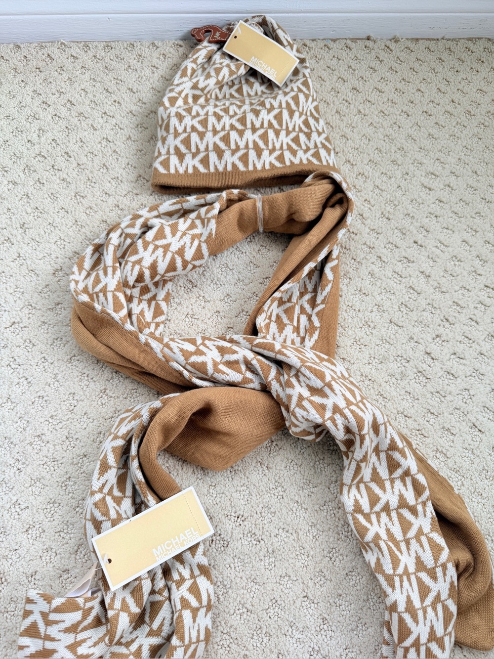 Michael Kors MK Logo Beanie Hat and Scarf Set NWT Camel Monogram Knit 2 pieces